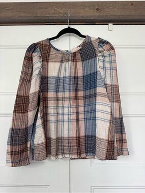 Universal Thread Plaid Peasant Blouse in Blue and Tan